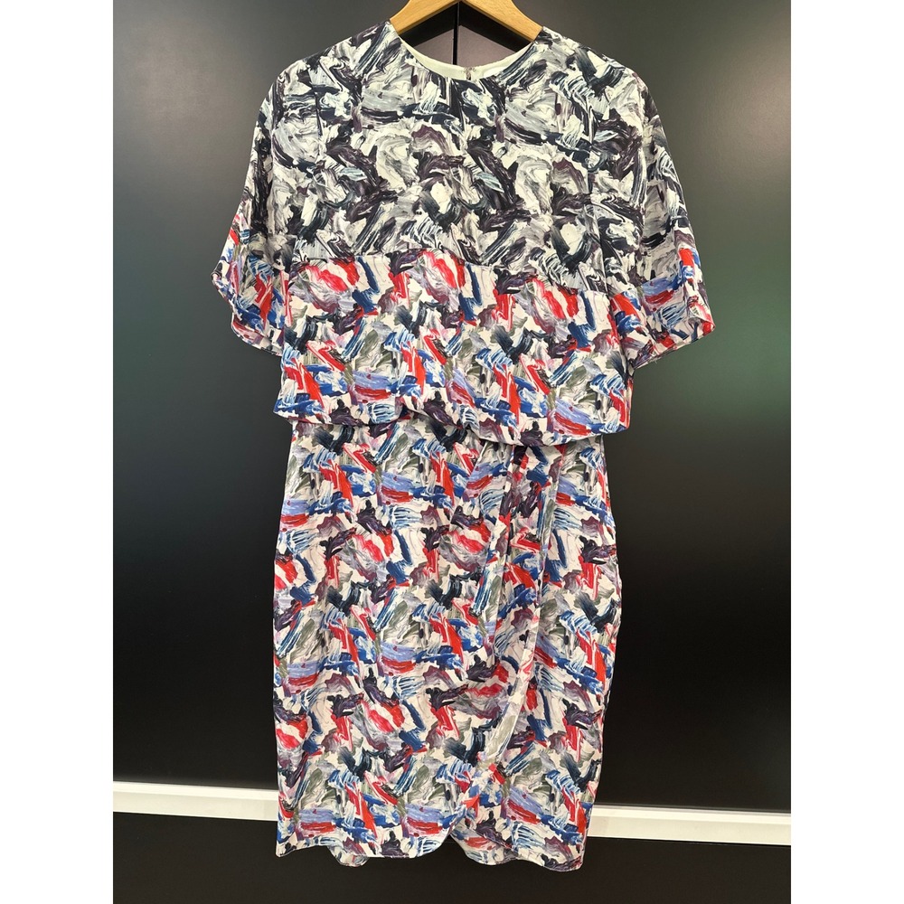 Prabal Gurung Silk Abstract Print Layered Dress Blue Red White Size 8